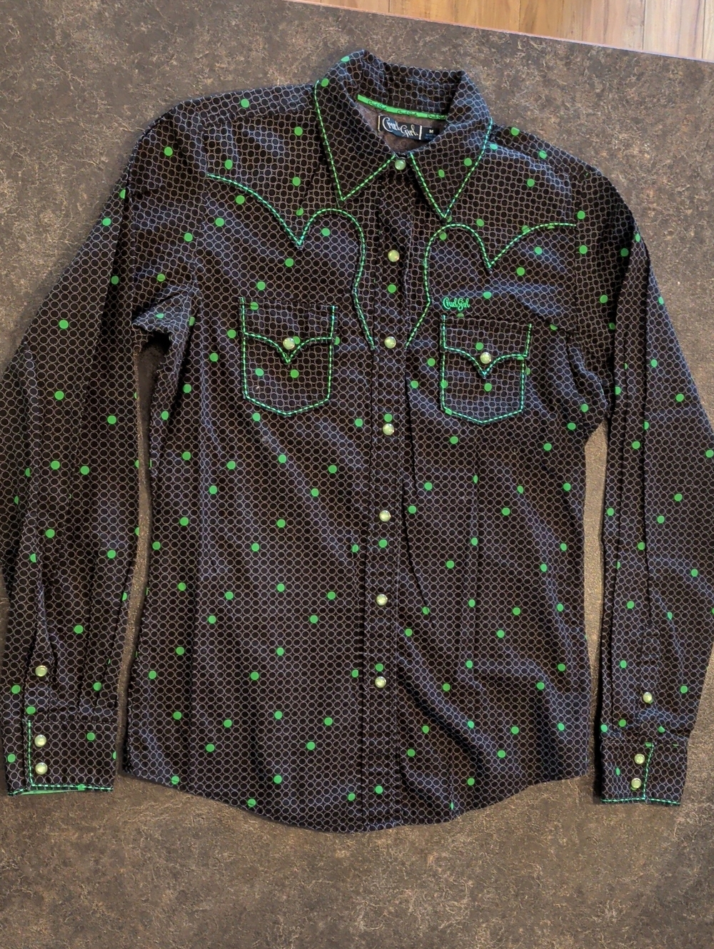Black Button-Down Western Shirt with Green Accents